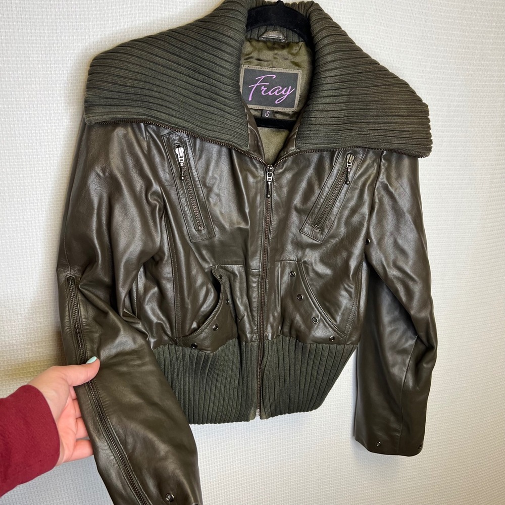 Fray Womens Olive Green Leather Bomber Jacket Ribbed Knit Collar Size Small